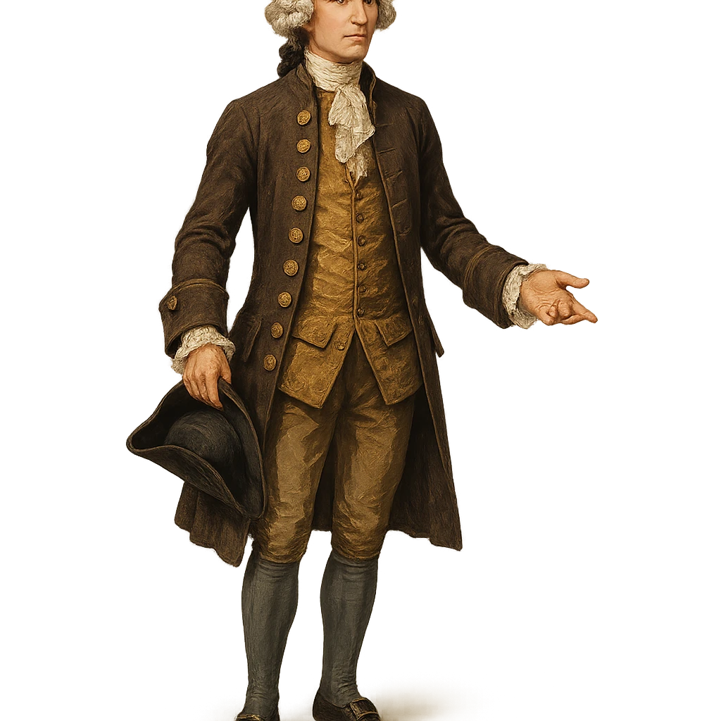 18th century gentleman standing, elegant period clothing, powdered wig, refined posture, full body, no background, visually engaging style emoji
