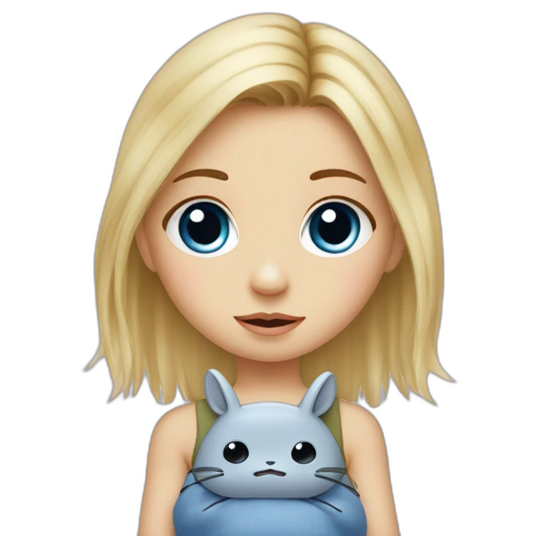 bébé fille blonde décoiffée aux yeux bleus avec une peluche Totoro  emoji