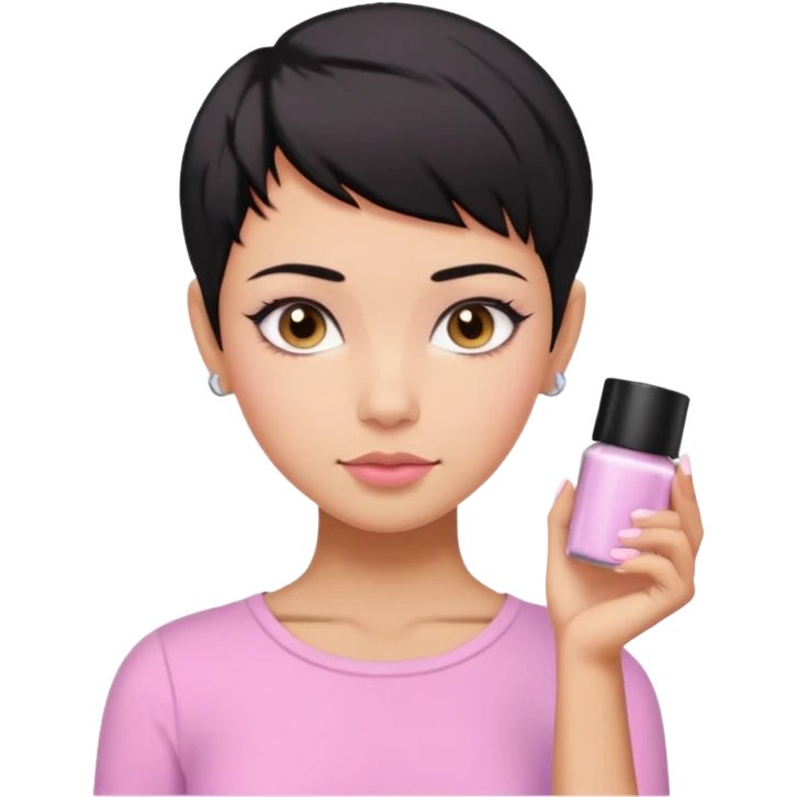 tan girl pink shirt with black hair & a pixie, cut no earrings, doing pastel colors skin care emoji