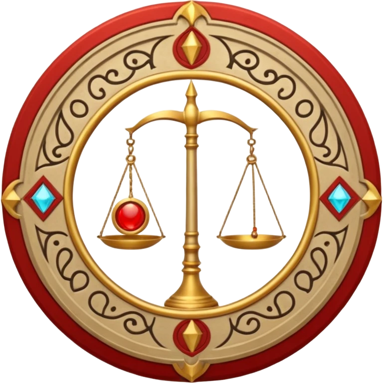 A circular casting sigil inspired by the Wizard101 Balance School, featuring ancient alchemical and arcane motifs. The base color is sand, with red trim accents. At the center is a golden balance scale as the primary focal symbol. emoji