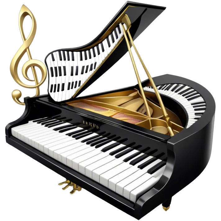 Create an elegant and festive emoji collage representing keyboard instruments, styled like a heraldic emblem. The design should feature a central focal point of black and white piano keys, arranged in a semi-circular or shield-like shape. Around the piano keys, add intertwining musical notes that form flowing ribbons, creating a dynamic and celebratory atmosphere. The design should be professional, with polished silver and gold accents on the keys and notes, highlighting the luxury and sophistication of the instruments. Add subtle shading and lighting effects to give the design a refined, 3D appearance. The background should remain transparent, and the overall feel should evoke grandeur, artistry, and a sense of celebration. emoji