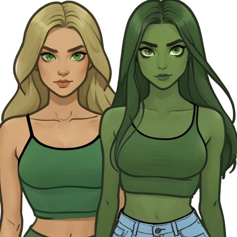 Three women, one with light skin with dark blonde long hair with green eyes, light skin black long hair with brown eyes and light skin long blonde hair with blue eyes wearing crop tops emoji