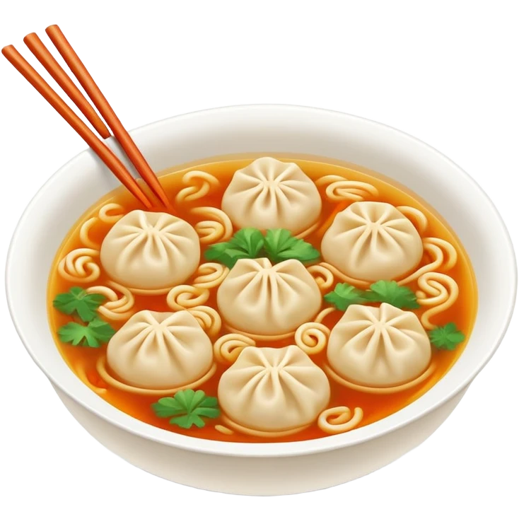 Wenzhou Huntun Wonton Noodle Soup with small dumplings, simplified emoji style with bold outlines and bright colors, cartoon style Zhejiang specialty with clear broth emoji