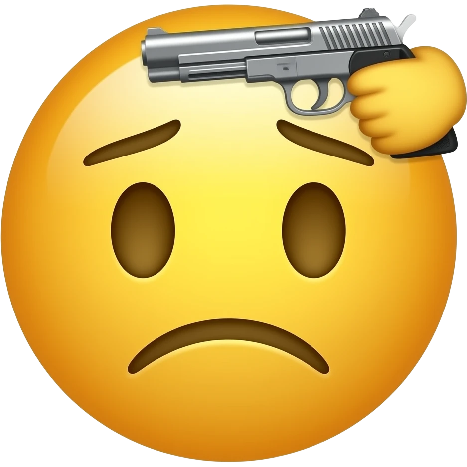 Put a gun on his head  Make a tired emoji circle face and no body make him hav yellow skin and make an google style tired make him do suicide emoji