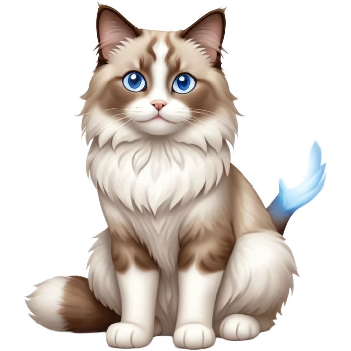 cinematic-[brown and white ragdoll cat]-realistic-full-body-sitting-emoji,-tail-curled-playfully-around-its-paws,-head-tilted-dramatically,-fluffy-[brown and white]-fur,-simplified-yet-realistic-focused-features,-highly-detailed,-glowing-with-an-almost-sarcastic-glow, with blue eyes emoji