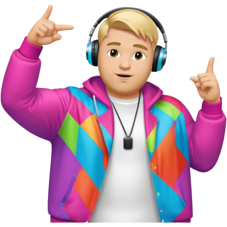 blond big man in colorful dj outfit pointing sideways emoji