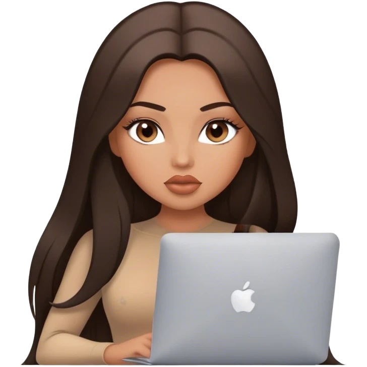 Glamours tanned very beautiful girl with big pump peach lips and dark chocolate straight smooth long hair, blue-grey eyes in brown/beige bodysuit with MacBook emoji