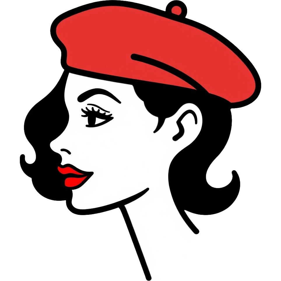 woman with a beret hat and heart-shaped lips, coquette aesthetic emoji