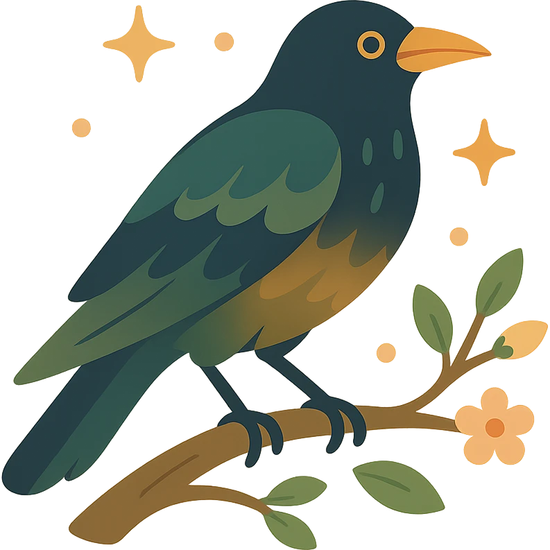A mysterious crow perched on a branch, surrounded by a soft, magical atmosphere. The crow’s feathers are deep, dark hues with hints of golden orange (FA9B41), forest green (4A7C5C), muted taupe brown (96775A), and pastel peach (FFCC9A) subtly blending into its plumage. The branch is weathered and textured, with small leaves in green and peach tones, and delicate flowers or tiny sparks floating around. The lighting is soft and ambient, casting a warm, mystical glow over the scene, creating a quiet yet enchanting atmosphere. The crow’s sharp eyes and poised posture add to the mysterious, slightly gothic vibe of the moment emoji