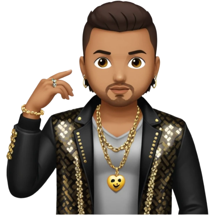 Sean Paul with dark brown hair, black sequin jacket, shirtless with necklace emoji