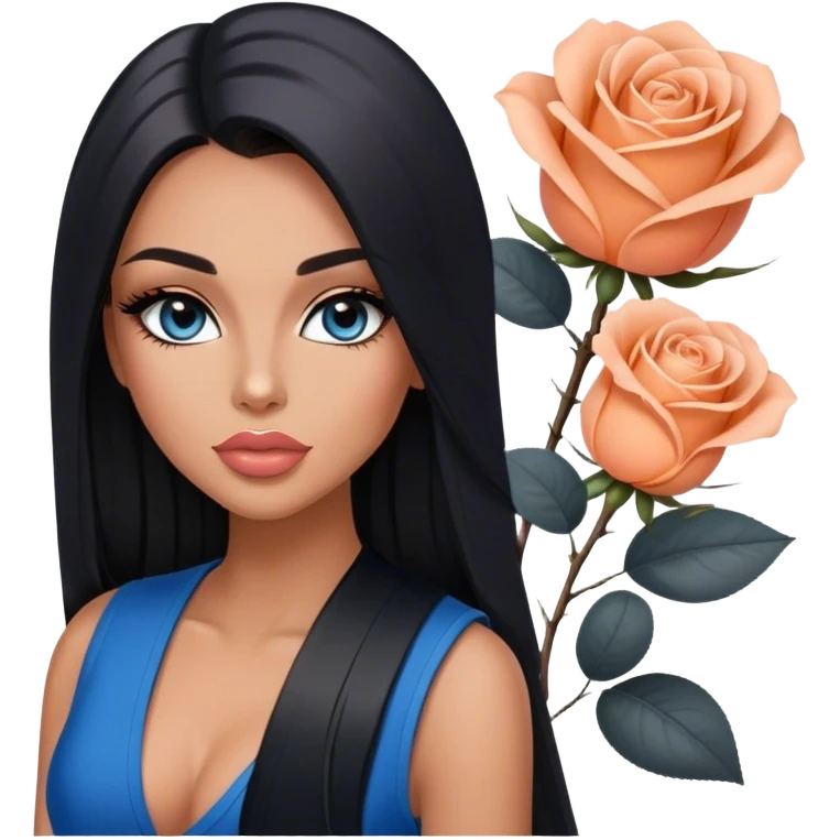 Glamours, tanned, very beautiful girl, with big pump peach-beige-rose lips, long long lashes, black straight smooth silky long hair, straight parting hair, blue-grey eyes, black v-neck vest emoji