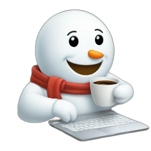 cute little smiling snowman working with a laptop holding a coffee mug emoji