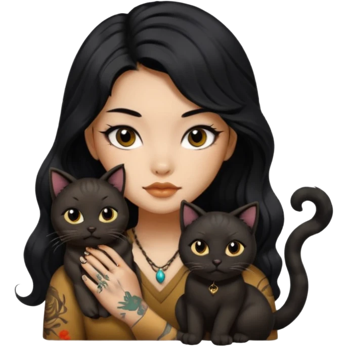 a Chinese girl with long black  Big Wave hair  Black eyes  and bronze skin tone and tattoos and a black round faced cat  emoji