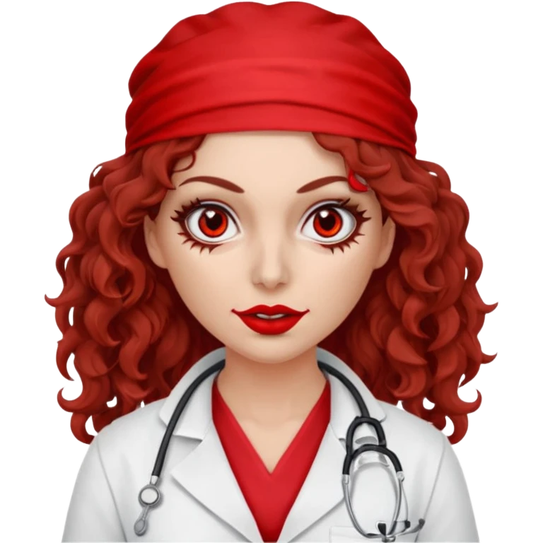 Scary woman scalpel in hand, evil surgeon sexy surgeon clothes.  She has red eyes. Her  brown long curly hair. Wears sexy doctor outfit with red gloves. Hides mouth necknose with red bandana to hide her identity emoji