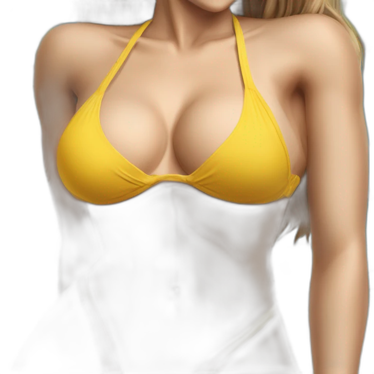 Sexy pose soft-fit Caucasian woman yellow bikini (beach body) bed realistic emoji