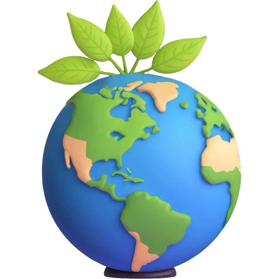 Green leaf on top of a round Earth globe, simple background, soft light emoji