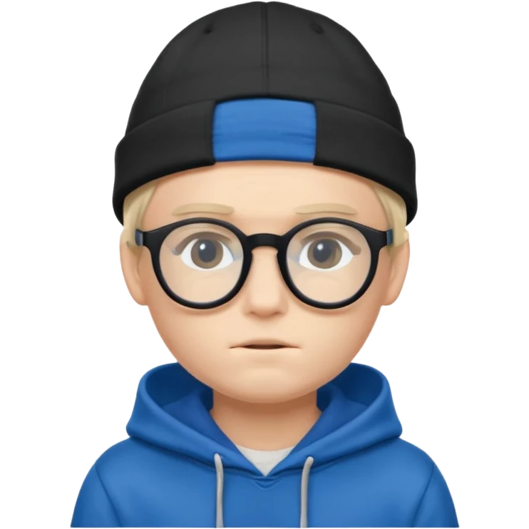 a shy boy wearing thick black glasses (nerd) and hide all his hair under a blue cap, wearing a normal hoodie (ios memoji) emoji