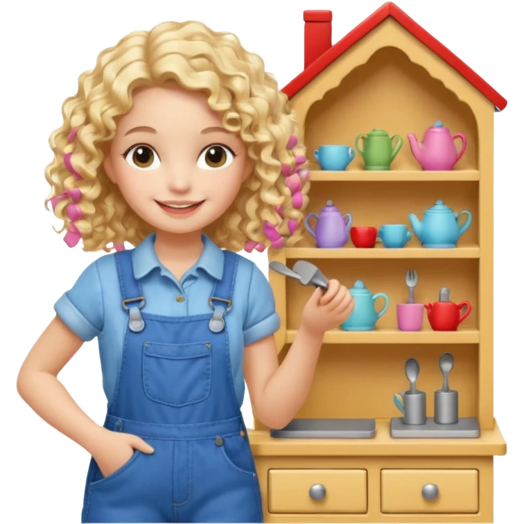 smiling blonde curly girl arranging furniture in doll house with overalls emoji