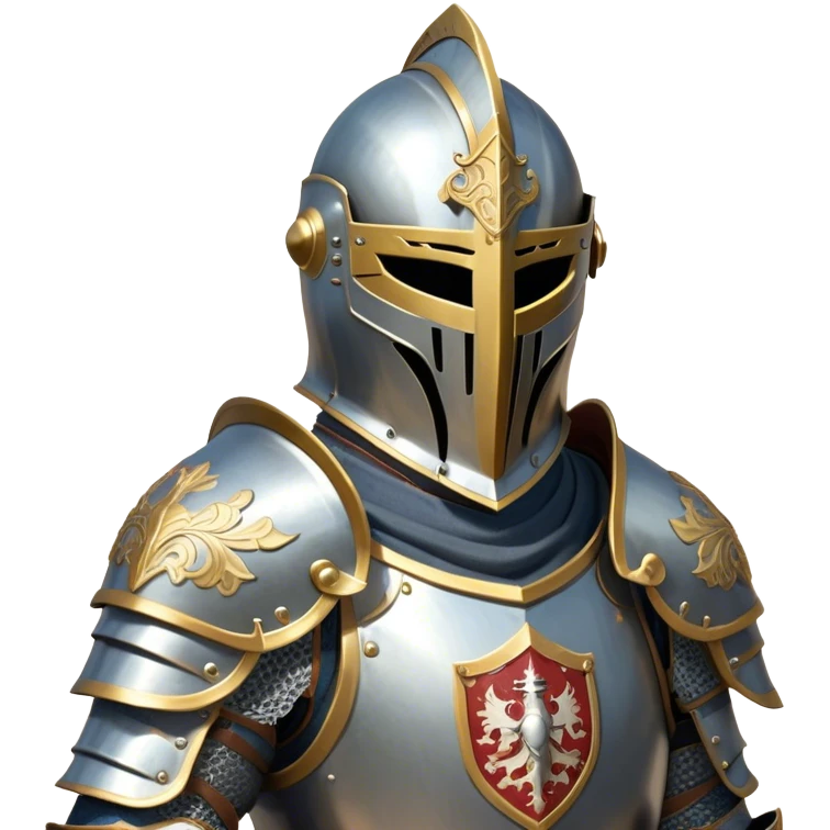 Clash of Clans aesthetic: Cinematic heroic Armored Knight Hero close up Emoji, rendered in a 3D vector-style similar to standard emojis with minimal shading and bold, simplified shapes. A compact, isometric warrior clad in gleaming plate armor with intricate heraldic details, softly glowing with a chivalrous medieval charm. Simplified yet unmistakably iconic, highly detailed and consistent, glowing with a soft radiant shine and high polish. Stylized with a touch of noble valor and a soft glowing outline, wearing a full face helm so that no face is visible with only eyes visible, capturing the essence of a gallant knight ready for honorable battle with a friendly, playful manner! emoji