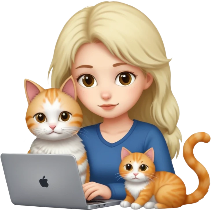 A girl is working hard on a laptop with a cat next to it emoji