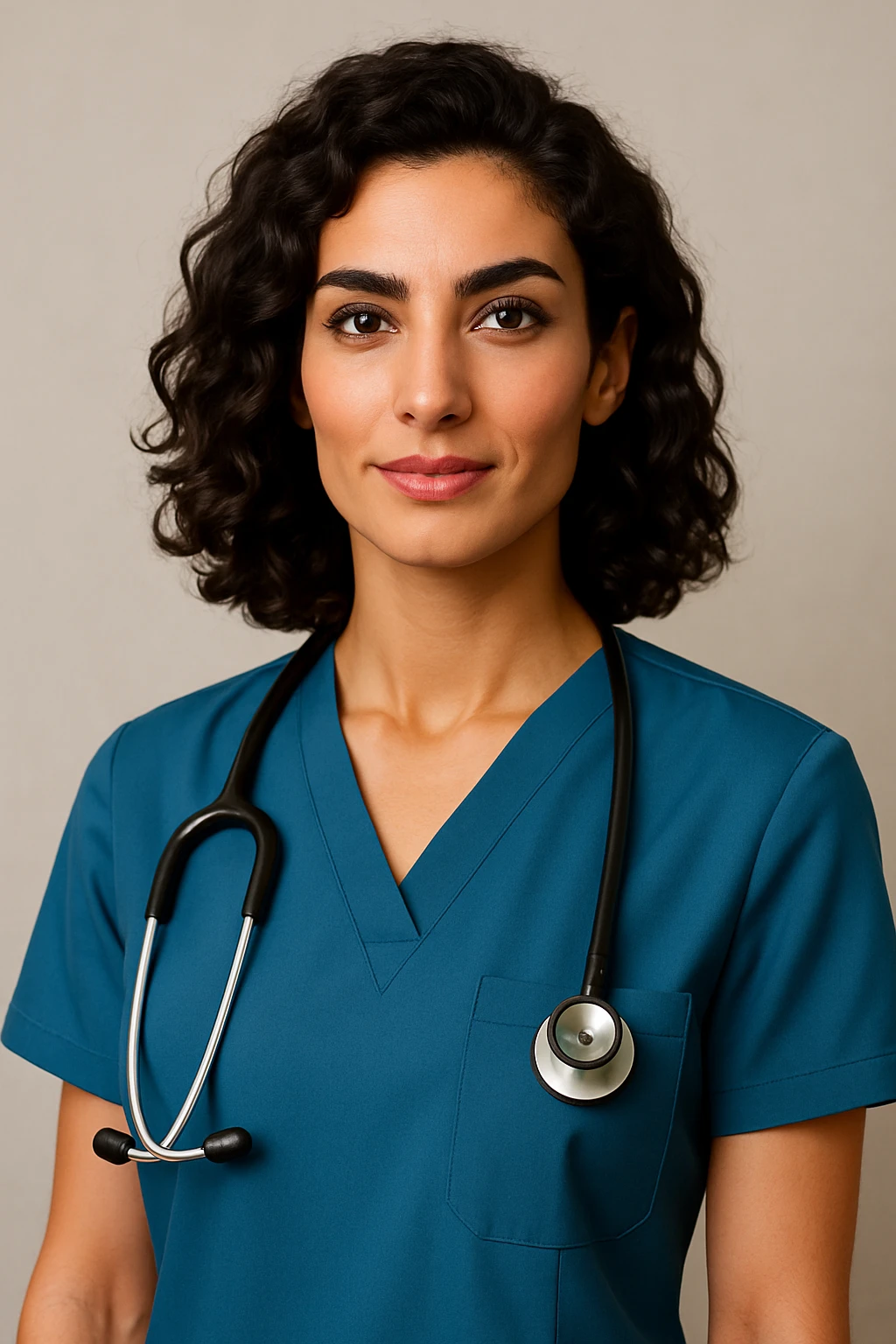 Arab doctor, 46 kg, 173 cm, medium black-brown wavy hair, black eyes with long lashes and thick eyebrows, beautiful mouth, defined facial bone structure, prominent cheekbones, chin with a dimple (غمازة ذقن), wearing scrubs, elegant and professional emoji