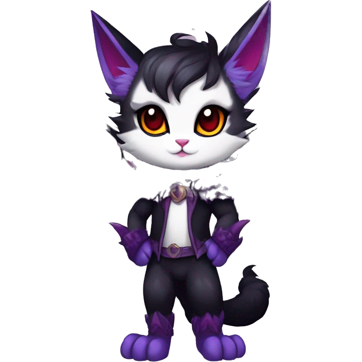 Anthro-Cute-Edgy-Vampiric-Batty-Cat-Black-Purple-Red-White-Contrast-Colors-Fantasy-Fur-Sona-Chibi-Shiny-Fakémon-Hybrid with horns full body emoji