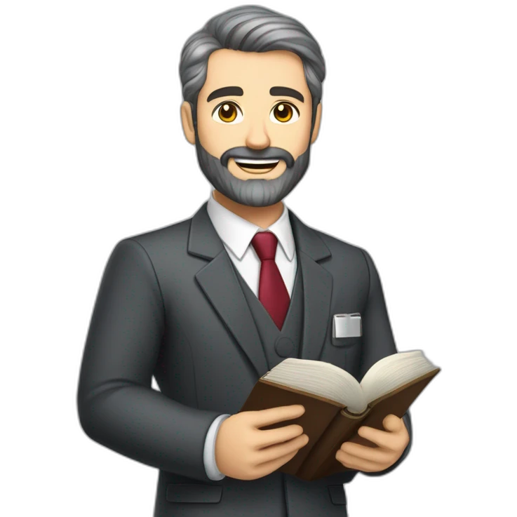 husband classy caucasian dark gray hair trimmed beard wearing business suit holding bible, wife asian age 55 dark hair nurse uniform, no children emoji