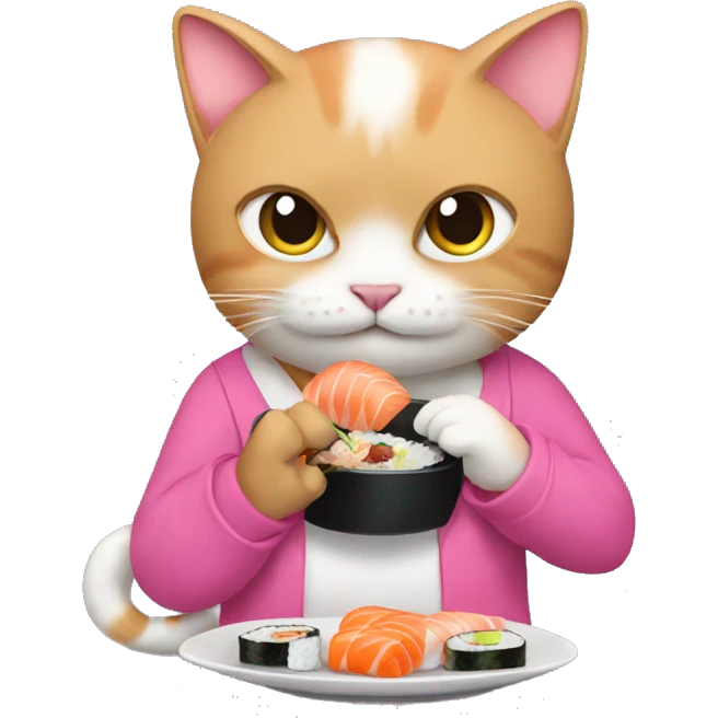 A cat eating sushi with a pink shirt on emoji