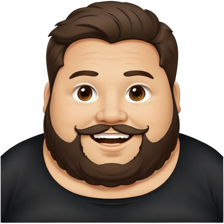 Joven obese, barba, long hair, pelo largo, cuerpo grande, latino piel canela, cara redonda-ancha, scruff sin barba completa, cejas gruesas, pelo oscuro ondulado flat largo hasta el cuello. Sonrisa amplia, expresión alegre. Camisa negra. Size large.  emoji