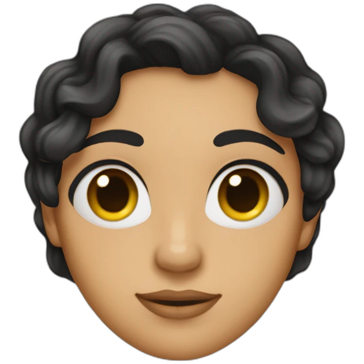 The emoji should have a feminine appearance, with long, flowing, wavy black hair cascading down the sides. The eyebrows are neatly arched, framing striking, almond-shaped eyes adorned emoji