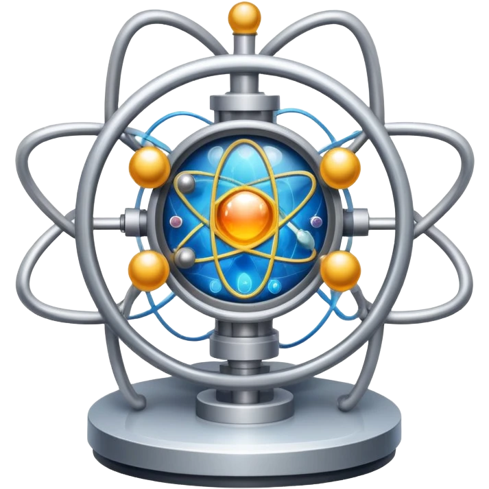 An icon featuring a large particle collider, atom symbols, and energy waves, symbolizing the field of physics. The design includes a lab setup with scientific equipment, representing experiments and fundamental forces of nature. Transparent background highlights the exploration of matter and energy. emoji