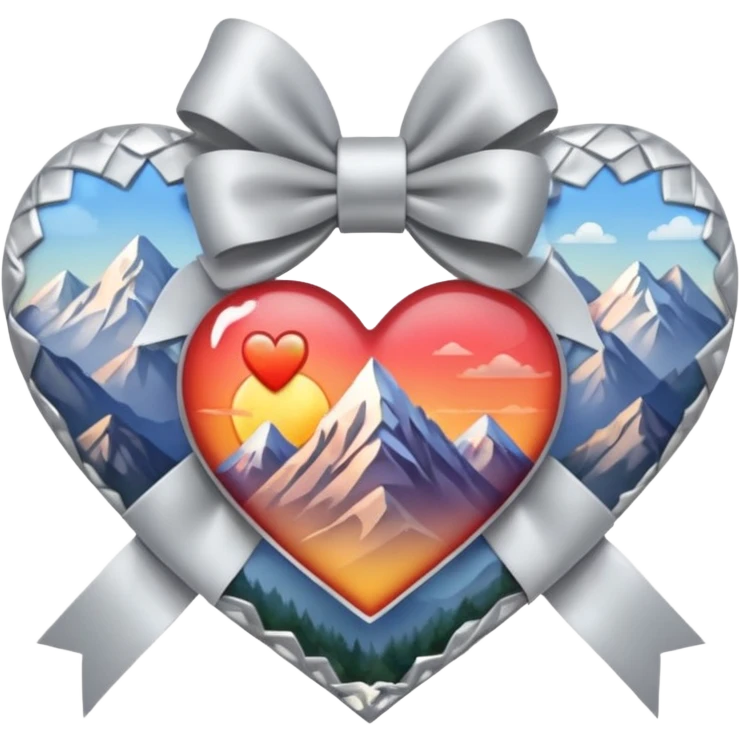 heart with a mountain sunrise, silver bow with heart pattern on the bow, apple emoji style emoji