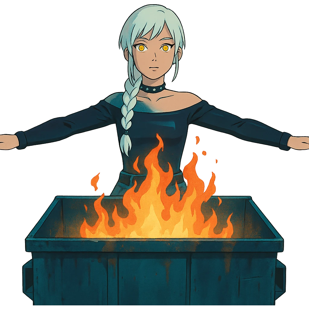 young woman with gold yellow eyes, white hair, long braid, black off-shoulder top, punk gothic style, futuristic cyberwave cyberpunk,, she is calmly t-posing , there is a dumpster fire in front of her emoji