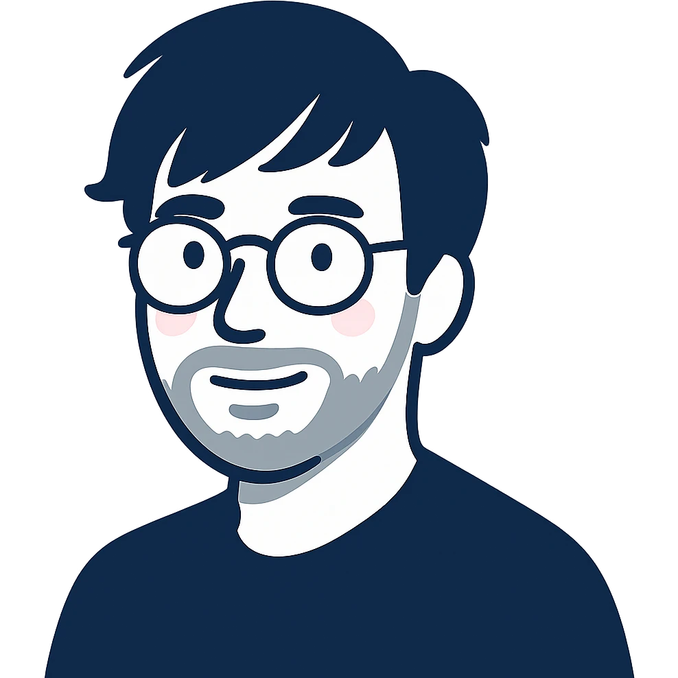 A man with round glasses, artfully messy longer hair with stylish sweeping bangs, a round but defined face shape, and a broader nose. Use deep navy blue for all the outlines and features, a touch of pink highlights only on the cheeks, and gray exclusively for the short beard and necessary shadows. emoji