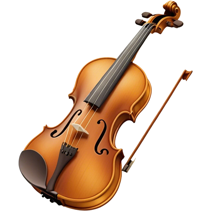 Create an elegant and detailed emoji representing a Stradivari violin. The design should showcase the finely crafted wooden body of the violin, with its smooth curves and rich, golden-brown wood finish. Highlight the intricate f-holes, fingerboard, and bridge. The bow should be placed next to the violin, with visible horsehair and a polished wooden stick. Use warm, deep wood tones for the body and subtle silver or gold accents for the fittings. Add a soft glow or light reflections to emphasize the exquisite craftsmanship and timeless beauty of the instrument. The background should be transparent. emoji