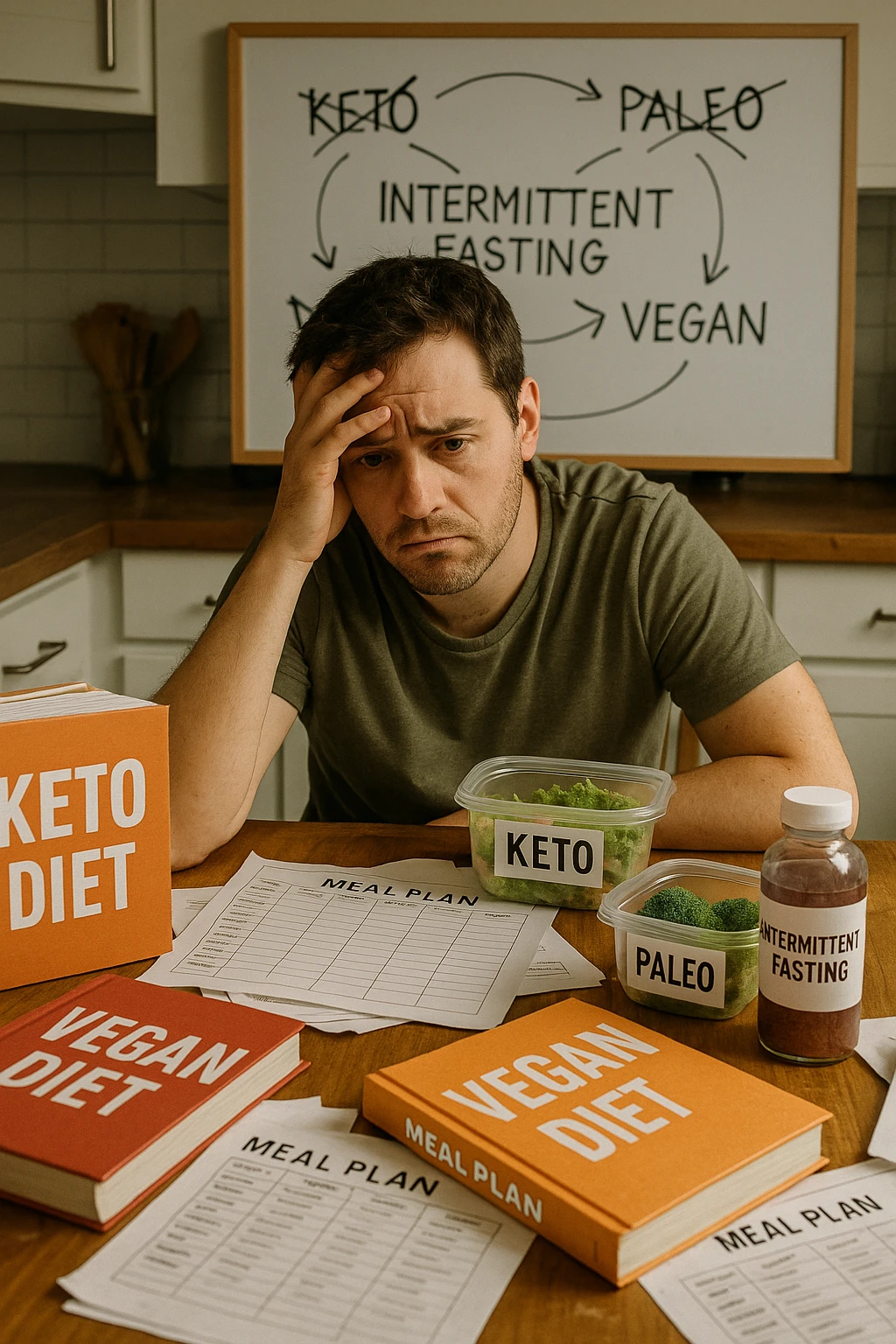 Confused man in his 30s sitting at a kitchen table cluttered with various diet books, meal plans, and food containers labeled keto, vegan, paleo, intermittent fasting. He holds his head with one hand, looking overwhelmed and frustrated. The background shows a whiteboard full of crossed-out diet names and arrows going in circles. Expression: mental fatigue, indecision, information overload. Soft lighting, slight mess to emphasize his struggle. emoji