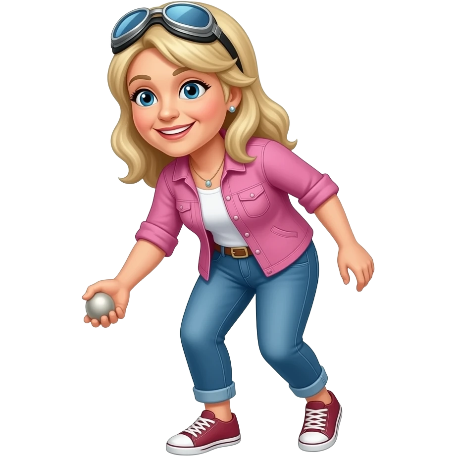 Older Woman dressed casually with long blond hair and aviator sunglassesplaying petanque emoji