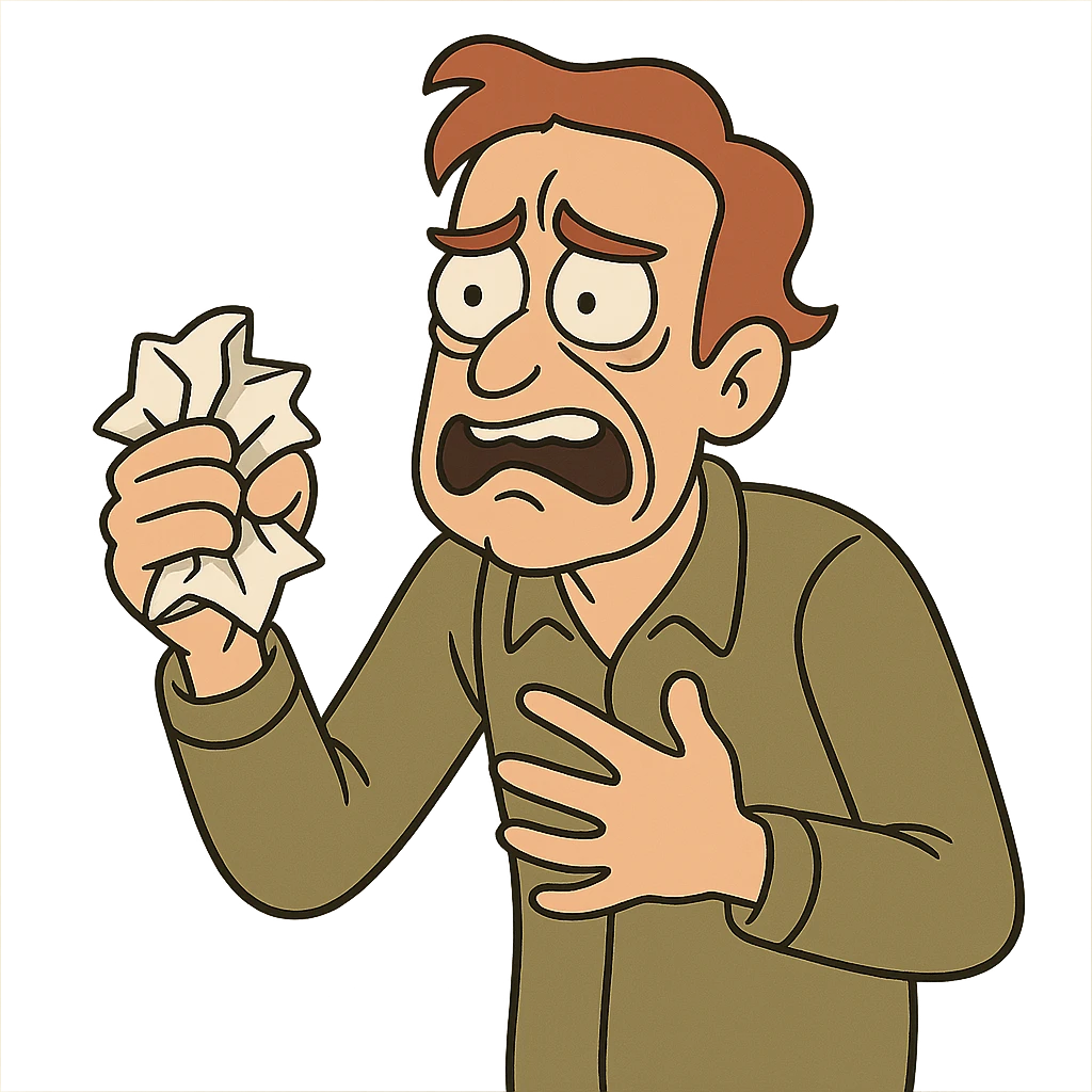 a person with a crumpled paper in hand, desperate, cartoon style emoji