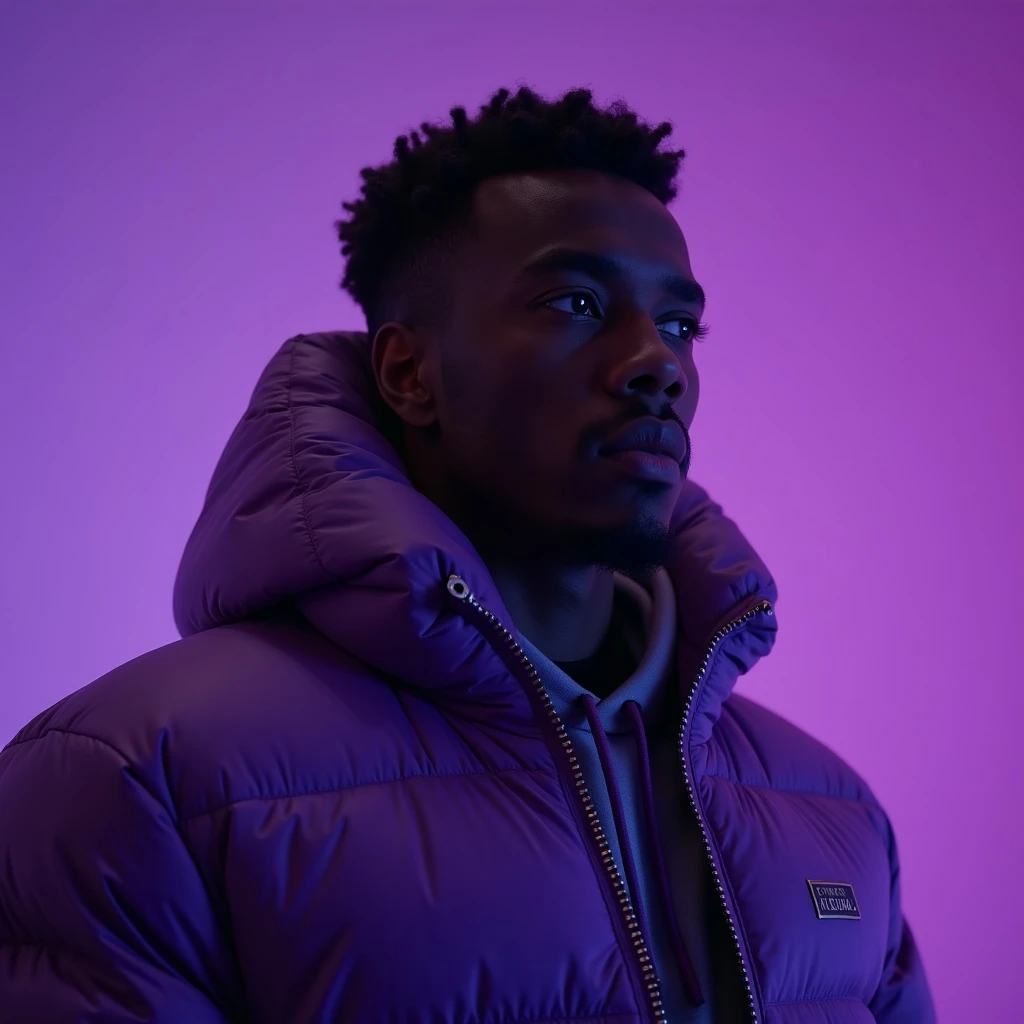 Cinematic still of a black man in purple puffer abstract jacket, purple solid background, cinematic soft lightning emoji
