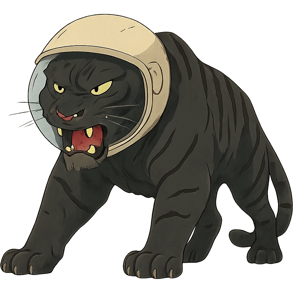 ghibli style illustration of a big black tiger, angry, wearing a helmet emoji