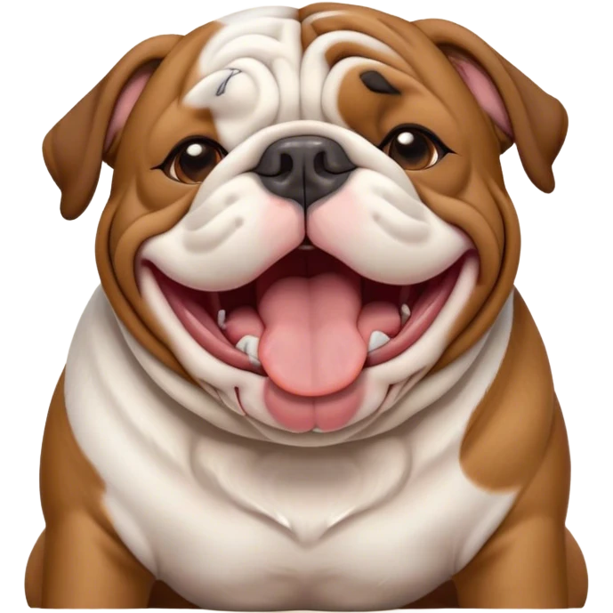 Cinematic Cute Yawning Brown and White English Bulldog Portrait Emoji, Head tilted slightly with a dramatic, wide-open yawn, showcasing a smooth brown and white coat with a defined pattern, floppy ears slightly drooping, round brown eyes barely open in drowsy contentment, Simplified yet irresistibly adorable features, highly detailed, glowing with a soft, cozy glow, high shine, relaxed yet expressive, stylized with a touch of whimsy, bright and endearing, soft glowing outline, capturing the essence of a sleepy yet affectionate guardian, so drowsy it feels like it could stretch out of the screen and curl up for a nap! emoji
