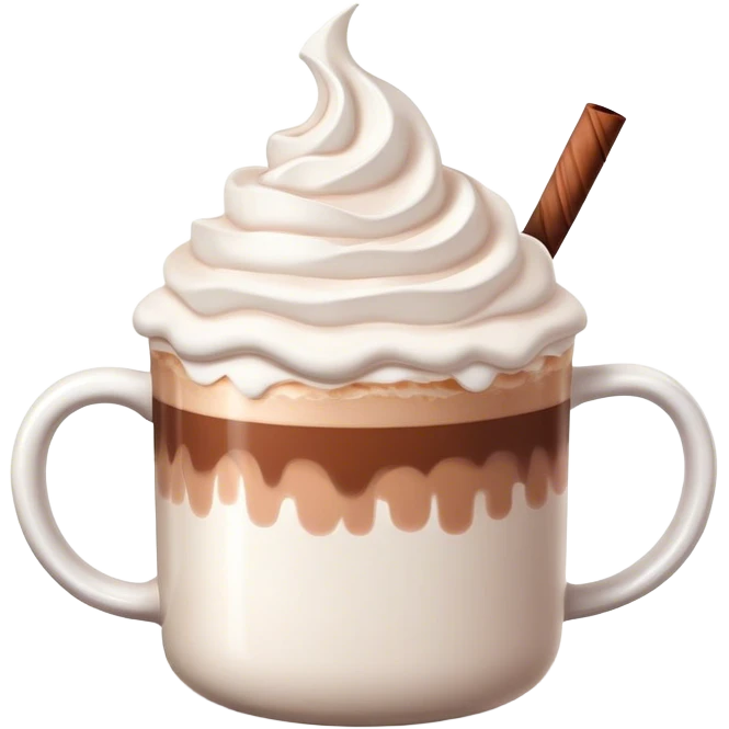 white mug of hot chocolate with marshmallows and whipped cream emoji