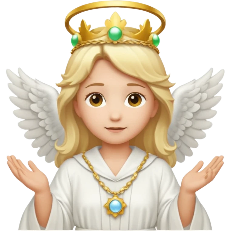 Emoji-style angel: blonde hair, laurel crown, halo, white wings, white robe, glowing orb, soft cute emoji look. emoji