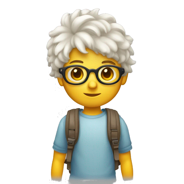 un niño flaco de piel blanca con pelo rulado corto y lentes con mochila emoji