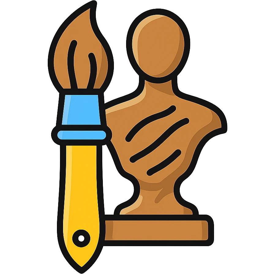 A paintbrush transforming into a bronze metallic human figure sculpture, artistic identity symbol, with sculptural texture emoji