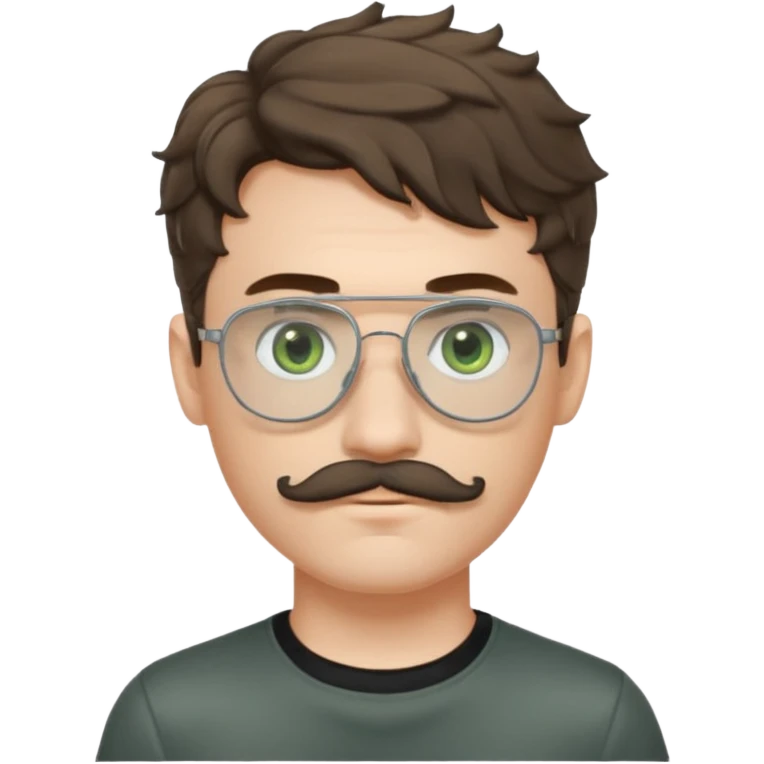Light brunette wavy haired young man with pale skin and metal aviator glasses. Eyes are greenish grey and he has a moustache. Black t-shirt. emoji