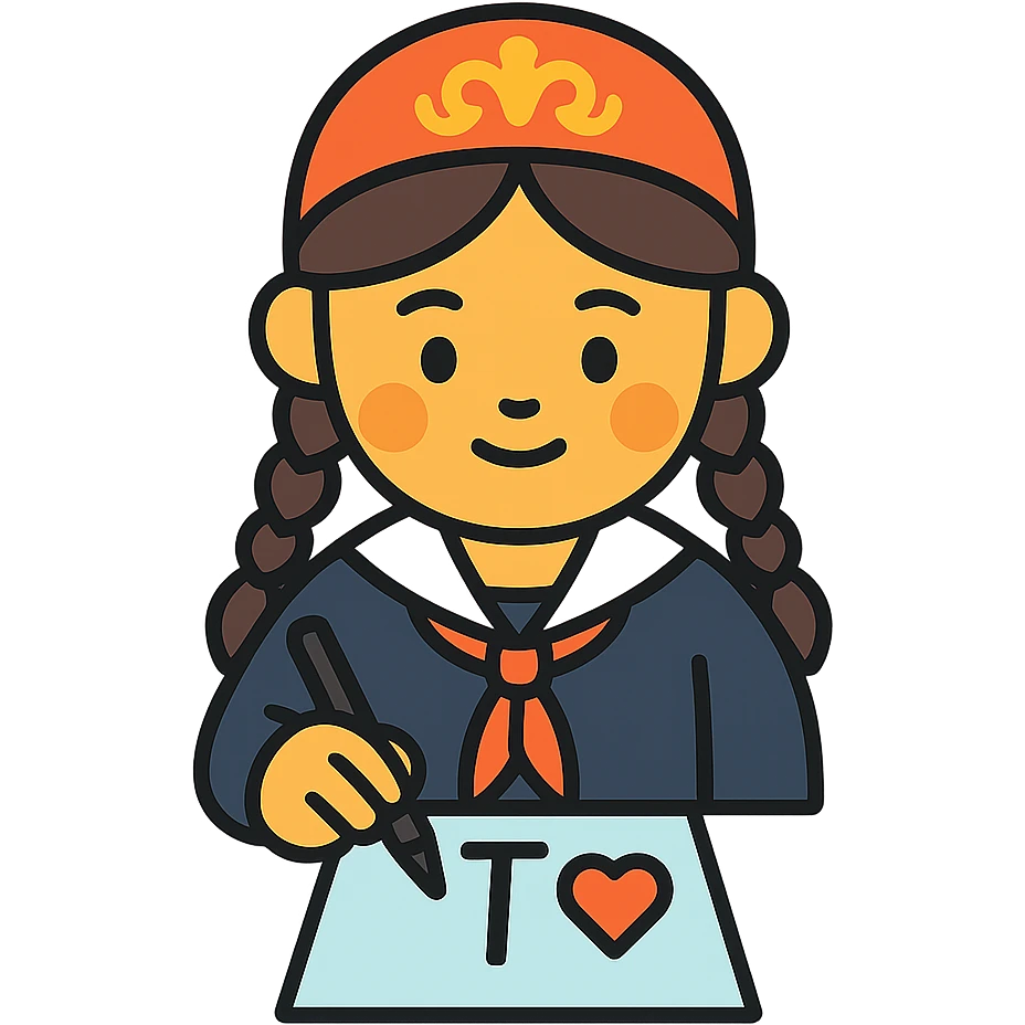 Kazakh girl in Korean foreign school uniform, drawing the letter T with a heart on a sheet of paper emoji