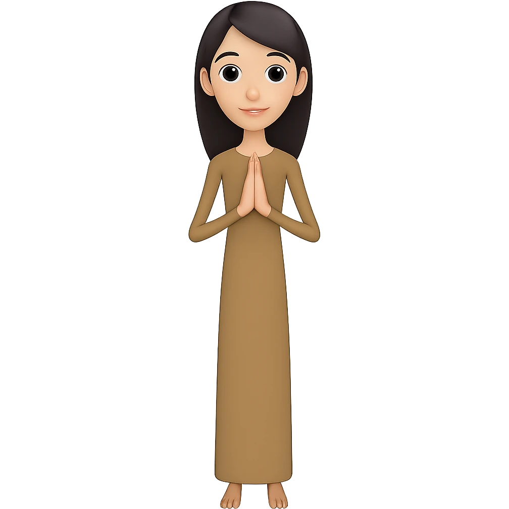 Make the woman very thin, standing and praying from the front view, wearing a long tan dress, with dark brown hair, in an emoji style. Remove the background. emoji
