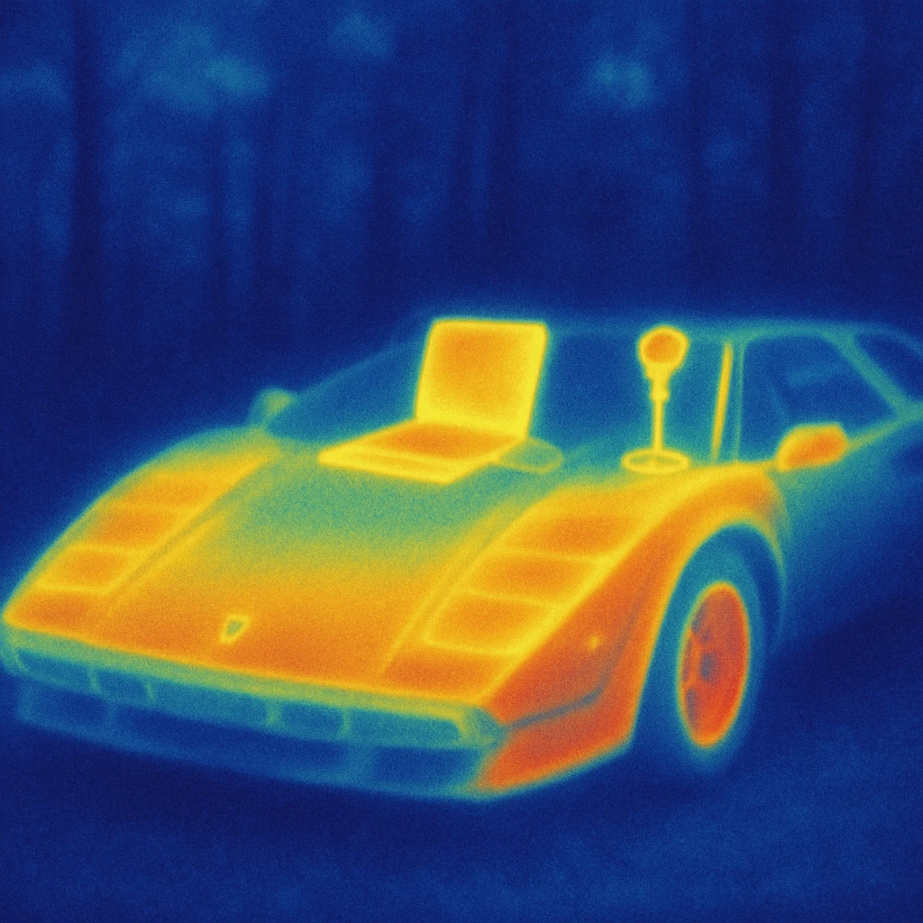Lamborghini Countach with a laptop and a microphone for recording on the hood in a forest background emoji