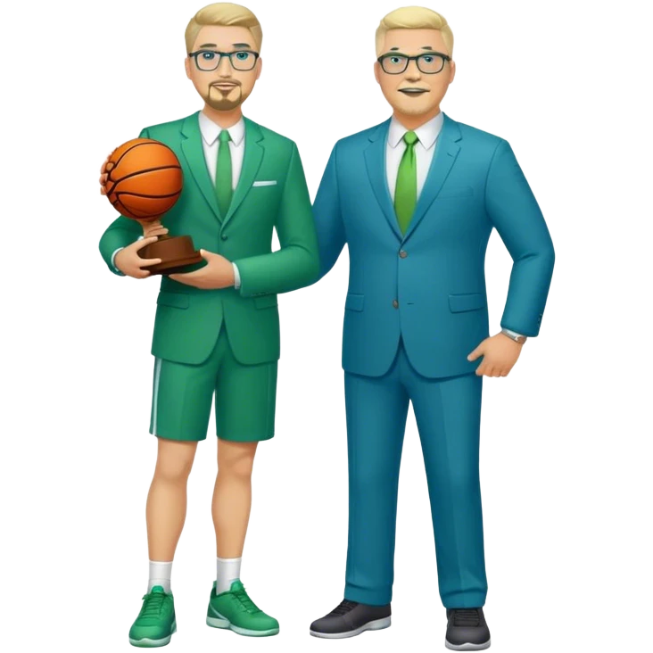 Full Body white male plus size wearing glasses with a goatee with light blonde and gray very short hair happy basketball head Coach in blue and green suit holding trophy emoji